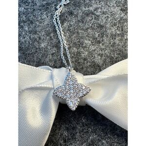 Silver Tone Pave Cubic Zirconia Flower Star Pendant Necklace Four Point Floral